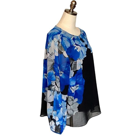 Calvin Klein Balloon Sleeve Blue Black Floral Sheer Blouse 0X Plus Size XXL - Picture 2 of 11
